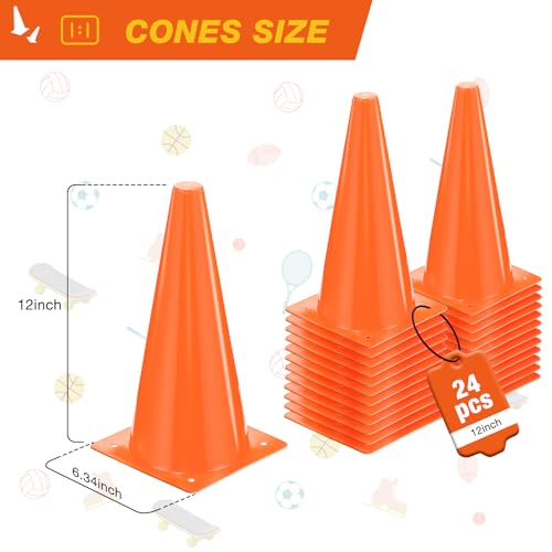 12 Inch Sports Cones Set of 24,Durable Training Cones for Soccer,Football, Basketball Drills - Multi-Purpose Agility Cones for Indoor & Outdoor Practice - color: orange