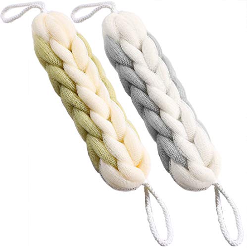 AARAINBOW 2 Packs Upgraded Long Stretch Back Sponge with Rope Handles Back Scrubber Bath Shower Mesh Sponge Exfoliating Body Scrub Stretch Braided Loofah for Men Women Shower Rope (Gray+Green) - color: Gray+green