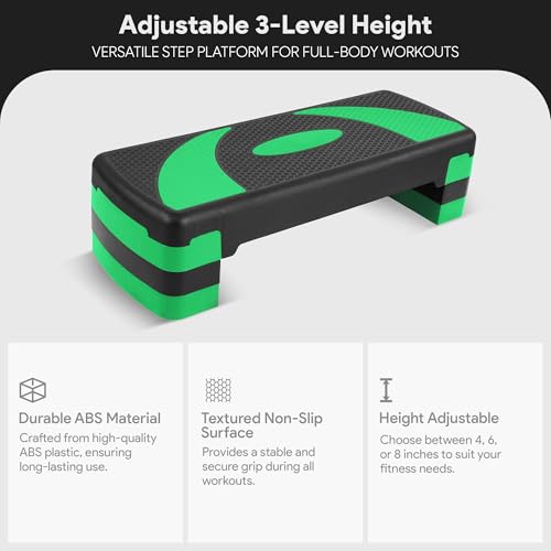 BalanceFrom Aerobic Step Platform Trainer with Adjustable 3-Level Risers, 400 Pound Weight Capacity – Non-Slip Exercise Stepper for Cardio, Strength, and Fitness Workouts, 31", Multiple Colors - color: Green