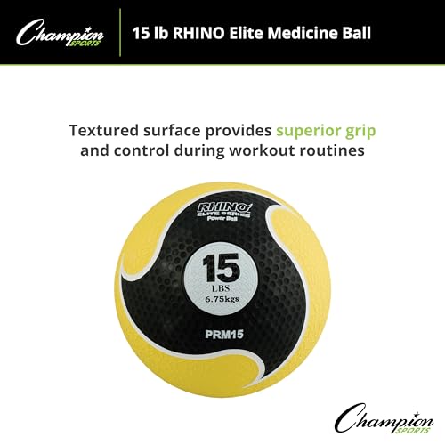 Champion Sports Rhino Elite Medicine Ball – Textured Surface, Superior Grip, Hollow Synthetic Rubber for Consistent Bounce & Durability, Multiple Weights & Colors - Optional Rebounder Sold Separately - style: 15 Pounds - Yellow