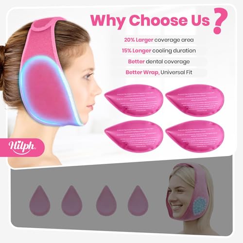 Hilph Wisdom Teeth Ice Pack Head Wrap – Face Ice Pack for Jaw Oral Surgery & TMJ Relief, Upgraded Large Jaw Ice Wrap with 4 Hot Cold Gel Packs for Dental Surgery, Tonsillectomy, Tooth Extraction, Pink - color: Red