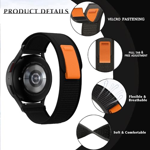 Nylon Band Compatible with Samsung Galaxy Watch 7/FE/6/5 Pro 4 3/Watch 4 6 Classic/Active/Gear S2 S3 Frontier Band, 20mm 22mm Sport Loop Strap for Galaxy Watch 47mm 43mm 45mm 40mm 44mm 42mm 46mm 41mm - color: Trail- Black, size: 20mm