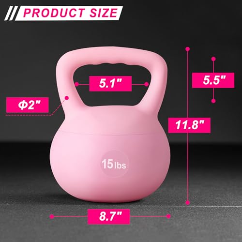 soges PVC One-Piece Kettlebell with Wide Handles, Strength Training Kettlebells 5lb to 35lb Optional for Women of Different Levels, Iron Sand Filled Soft Kettlebell - color: 15lbs - Pink