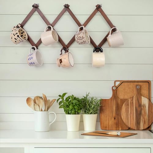 SCUNDA Wall Rack with 10 Hooks, Wooden Wall Expandable Coat Rack for Coat, Hats, Baseball Caps, Coffee Mug, Jewelry(Brown) - color: Brown, size: 10 Hooks