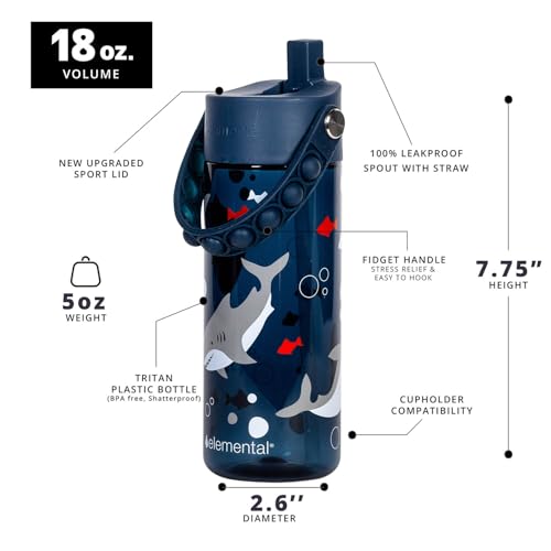 Elemental Leak Proof Water Bottles for Kids - Splash Kids Water Bottle for School with Pop-it Handle - Tritan Plastic Water Bottle with Straw - Shark & Black - 18oz (2 Pack) - color: Duo - Shark / Black
