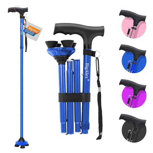 BigAlex Folding Walking Cane for Elderly Adjustable & Portable Walking Stick for Seniors,Pivoting Quad Base,Lightweight,Collapsible with Carrying Bag for Men/Woman - color: Blue(4'9"-5'6")
