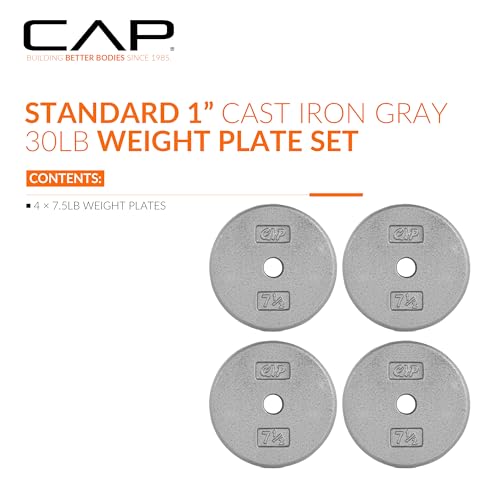 CAP Barbell Standard 1-Inch Cast Iron Weight Plates - Singles & Sets | 1.25-50 lbs | Multiple Options - color: Gray, size: 7.5 lb - Set of 4