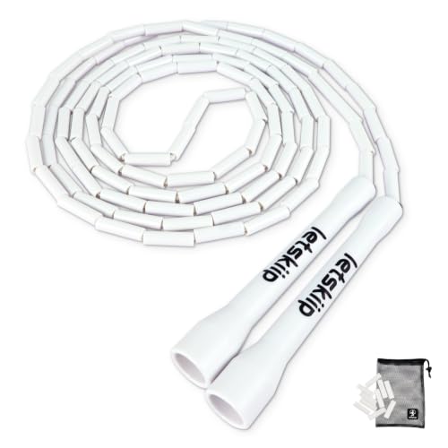 Classic Beaded Jump Rope, Adjustable Tangle-Free Set | 4 styles, segmented skipping rope with shatterproof PP beads, for indoor/outdoor fitness, kids & adults, 10 spare beads & bag - color: White