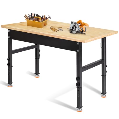 48" Adjustable Work Bench, Rubber Wood Top Workbench | Heavy-Duty Work Table, 2000 LBS Load Capacity Hardwood Work Benches for Garage, Workshop, Home, Office, Easy Assembly - size: 48