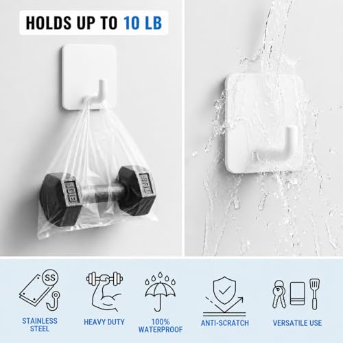 Stainless Steel Adhesive Wall Hooks, White, 8 Pack | Heavy Duty, Waterproof, For Bathroom Kitchen Shower, For Towels Keys Hats Robes - color: 01-white