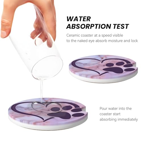 Dog Cat Paw Heart Car Coasters for Cup Holders, 2 Pack Absorbent Ceramic Drink Cup Coaster for Women Men, Auto Interior Accessories - color: T23