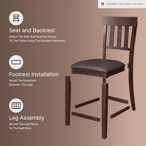 Signature Design by Ashley Haddigan Upholstered Barstool, 2 Count, Slat Back Design, Cushioned Seat, Wood, 25.5" H, Dark Brown | Easy-clean faux leather cushioned seat, Casual farmhouse wood slat back design, 25.6-inch seat height for kitchen islands - co
