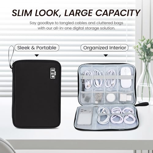 Large Slim Cable Organizer Travel Case, Single-Layer Electronic Accessories Pouch for Chargers, Cords, Power Bank, Mouse and SD Cards, 12.6 x 9.45 x 1.57 Inches - color: black, size: L