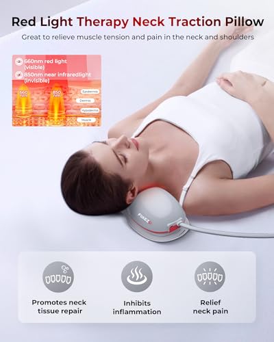FliKEZE Heated Neck Stretcher with Red Light, Wireless Massager Pillow | 660nm/850nm Red Light, 3 Heat Levels & 5 Massage Modes, Ergonomic Design for Home Office Use to Relieve Neck Pain, Grey