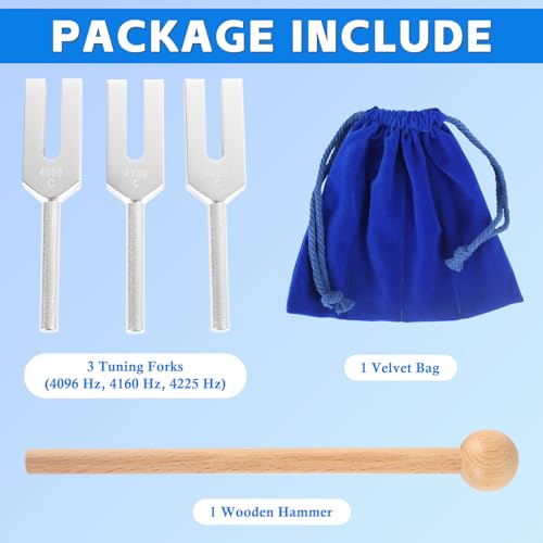 Angel Tuning Forks Set - 4096 Hz, 4160 Hz, 4225 Hz with Wooden Hammer and Velvet Bag for Yoga and Meditation Accessories - color: 4096 Hz, 4160 Hz, 4225 Hz - Silver