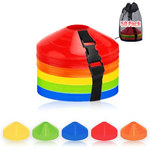 Ashsajkd(Set of 25/50/100 - Agility Soccer Cones with Carry Bag and for ， Football Cones for TrainingFootball, Basketball, Coaching, Agility Cones for Indoor and Outdoor Games - color: B-50 Pack Multi-Color