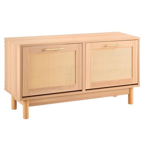 VEVOR Rattan Shoe Storage Bench, Entryway Bench with 2 Flip Drawers, Holds up to 300 lbs with 4 Compartments and 2 Rattan Doors, 39.4 x 11.8 x 20.9 Inches for Hallway, Living Room, Bedroom - size: 2 Rattan Doors