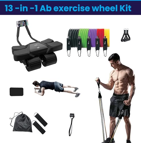 Ab Roller Home Gym Equipment – 4 Wheels Ab Wheel Muscle Roller with Built-in Tracker , 5Pcs Resistance Bands, Ankle Straps, Door Anchor, Handles, Travel Bag – Comfortable Elbow Support with Non-Slip Handles - color: Black 13-In-1 Ab Roller