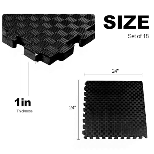 Elevon Puzzle Exercise Gym Flooring Mat, EVA Interlocking Foam Tiles Workout Mat for Home Gym, Fitness Equipment, MMA, Gymnastics, Shock-Absorbing Exercise Mat, Multi-Color - color: Black, style: 1"Th, 18 Tiles (72 Sq Ft)