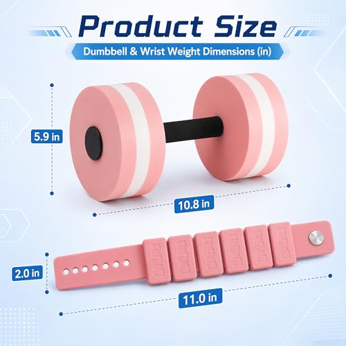 Pool Exercise Equipment, 2 Pool Dumbbells and 2 Wrist Weights | eva foam dumbbells, adjustable straps, low impact pool workout, for aquatic fitness swimming training