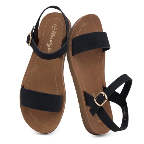 Herstyle Flat Sandals for Women – Open Toe 1 Band Ankle Strap Summer Dressy Sandals, Lightweight Casual Strappy Slip-On Flats with Adjustable Buckle - color: Black, size: 8.5
