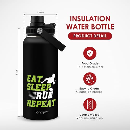 SANDJEST Running Insulated Stainless Steel Water Bottle 32oz, Eat Sleap Run Repeat, Vacuum Chug Lid Travel Tumbler for Men Friends Dad Brothers Runners, Gift for Birthday Christmas - color: Running