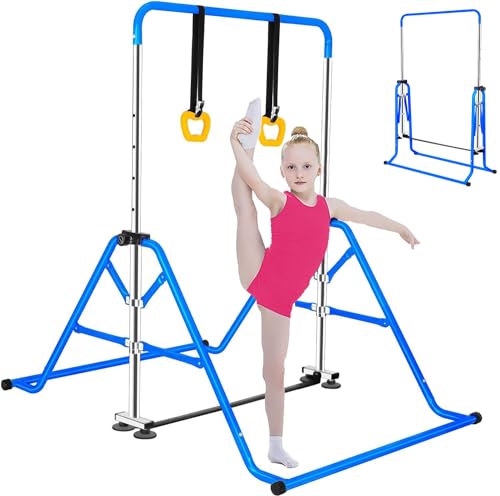 Gymnastics Horizontal Bar, Junior Training Kip Bar Gymnastics Equipment for Home, Adjustable Telescopic Height Folding Horizontal Bar with Gymnastic Rings for 3-12 Years Old Kids - color: Blue