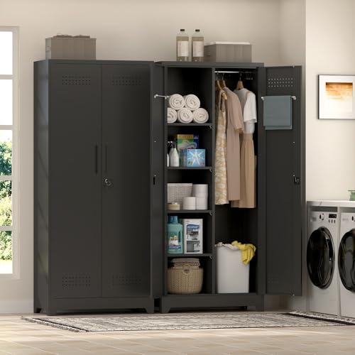 IRONFFICE Metal Utility Closet,Broom Closet Storage Cabinet with Doors and Shelves,Locking Storage Cabinets for Home Office,Gym,Laundry,Black - size: 72"H x 31.5"W x 15.74"D-Black