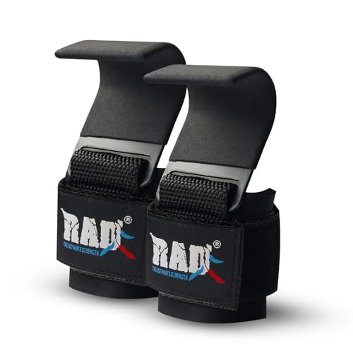 RAD Weight Lifting Hooks (Pair) Comfortable Anti-Rip Nylon Strap Extra Strong Hand Grips for Men & Women Powerlifting Heavy Duty Thick Wrist Padding Gym Workout Enhancer for Power Deadlift Pull Up - color: Black