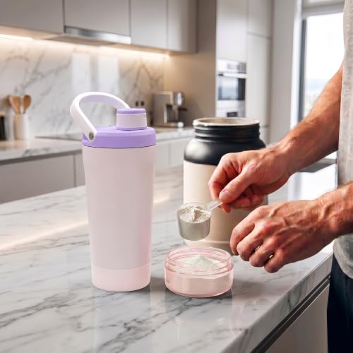 Fijinhom 24 oz Insulated Shaker Bottle with Portable Powder Container. | Leak-Proof Protein Shaker Bottle, 304 Stainless Steel Insulated Water Bottle with Removable Mixer, Measurement Marks, Pink - color: Pink