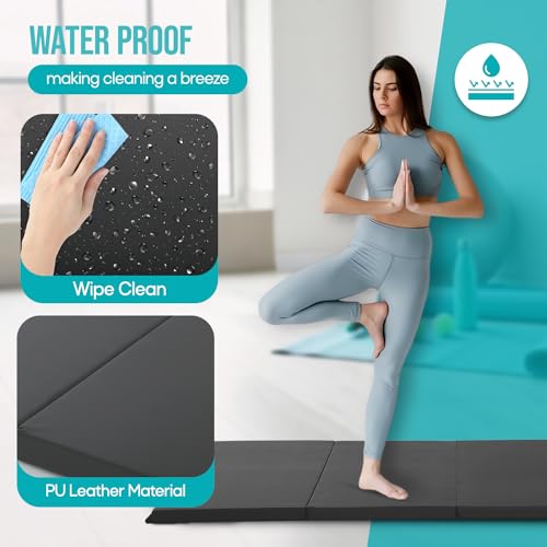 Gymnastics Mat - Tumbling & Exercise - 4 Folding - Indoor/Outdoor - Extra Thick - High Density - Yoga & Arts - color: BLACK