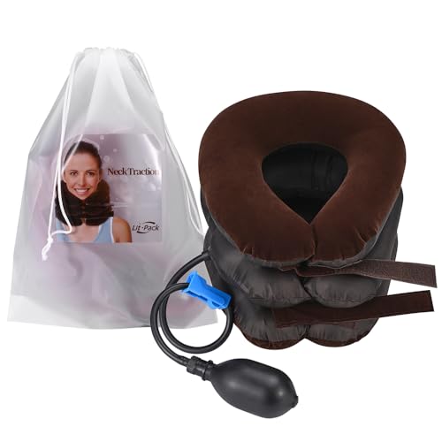 Lit-Pack Cervical Neck & Vertebra Traction Device for Neck Pain Relief, Adjustable Inflatable Neck Stretcher Pillow for Neck Tension Relief Decompression Neck Brace Pump with Carrying Bag Brown - color: Brown