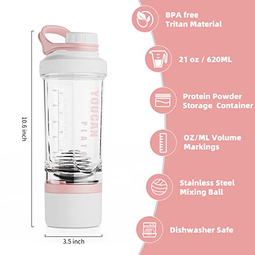 21oz Protein Shaker Bottle with Powder Storage Container-Shaker Cups for Protein Shakes-pre workout bottle-Mixer Cup-Gym Sport Water Bottle -Made with Tritan BPA Free,with Wire Whisk Balls,Pink - color: Pink