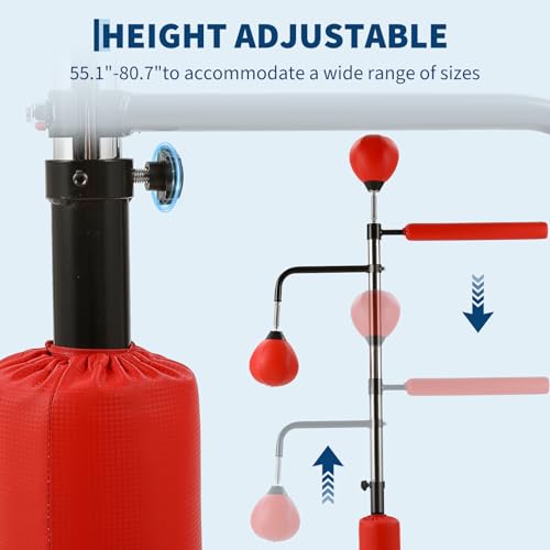 3-in-1 Adjustable Height Boxing Punching Bag Stand, with Speed Ball & Rotating Bar, Suction Base, for Home Gym Training, Red