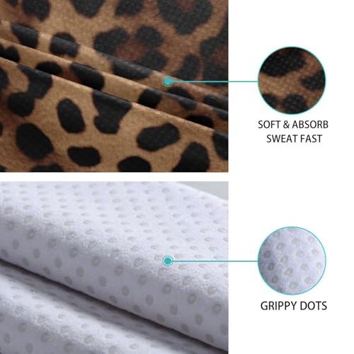 Leopard Print Yoga Mat Towel, Sweat Absorbent Hot Yoga Towel with Non Slip Grip, Soft Yoga Blanket with Travel Bag for Workout, Gym, Pilates, Fitness - 73" x 27"