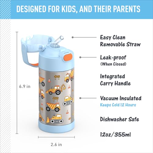 THERMOS FUNTAINER Water Bottle with Straw, 12oz, Construction | Kids Stainless Steel Insulated Water Bottle, Keeps Drinks Cold Longer for School & Play, BPA-Free - color: Construction, size: 12 Ounces