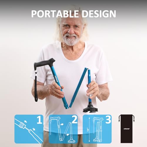 REHAND Walking Cane for Men & Women - Foldable, Adjustable, Lightweight, Self Standing Pivot Walking Cane, Soft Handle Grip, with Travel Bag, Walking Sticks for Seniors & Adults - color: Black