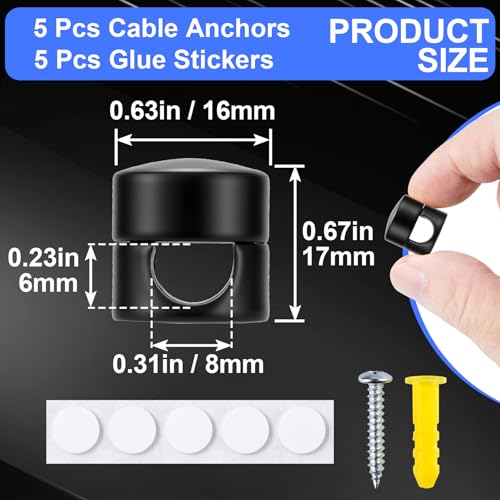 SmallCat 5 Sets Charger Holders for Cords, Matte Black Color Adjustable Cable Anchor Holders, Adhesive Metal Cord Clips, Cable Management Wire Organizers for Desk, Office, Nightstand - color: Matte Black, size: 5 Sets