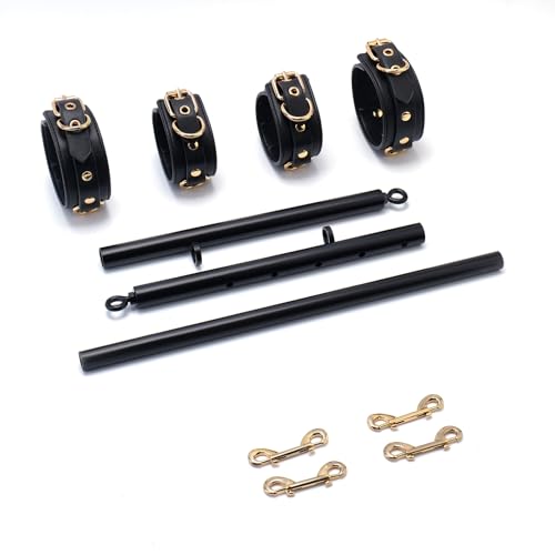 Spreader Bar Heavy Duty Stainless Steel Expandable Silver Bar Home Gym with 4pcs Furry Purple Adjustable Straps,Sports Aid Training Fitness Gear Pilates Aid Kit - style: Black+Black-gold PU Kit