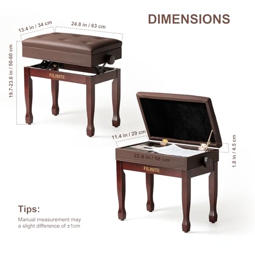 Adjustable Height Piano Bench Stool PU Leather Cushion Wooden Keyboard Seat with Music Storage (Brown) - color: Brown