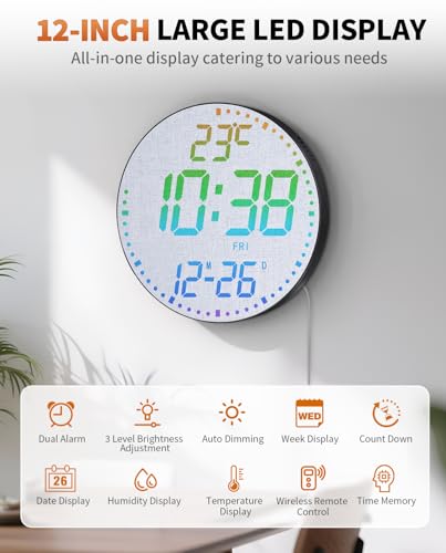 12" Large Digital Wall Mount Clock, Count Down Timer, Alarm, Big LED, 12 RGB Color, Temperature for Living Room Classroom Desk, Xmas, Birthday Gift for Senior Mom (Fabric Elements) - style: Black shell - Fabric Elements