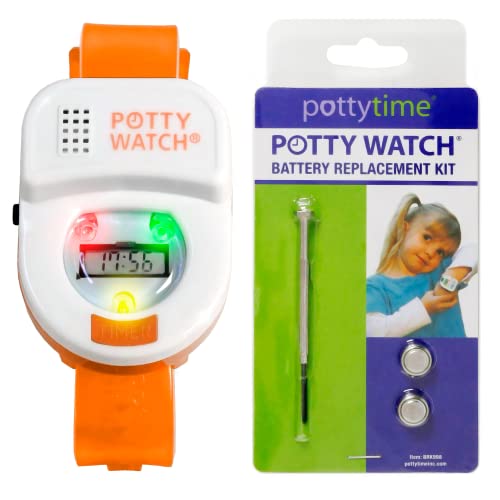 Potty Time Orange Potty Watch for Kids - Potty Training Watch with Battery Replacement Kit - 3 Flashing Lights & Music - 30/60/90 Min Timer - Waterproof & Adjustable Strap - color: Orange, size: Watch + Battery Replacement Kit