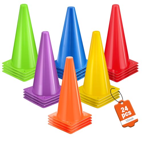 12 Inch Sports Cones Set of 24,Durable Training Cones for Soccer,Football, Basketball Drills - Multi-Purpose Agility Cones for Indoor & Outdoor Practice - color: colors