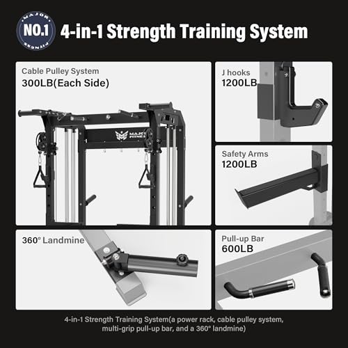 MAJOR FITNESS F22 Power Rack, 1600lbs All-in-One Squat Rack with Dual Pulley System, Heavy-Duty Steel Frame, Attachments & Storage for Home Gym Strength Training - color: Black, style: F22 (with Bench Elite BK)