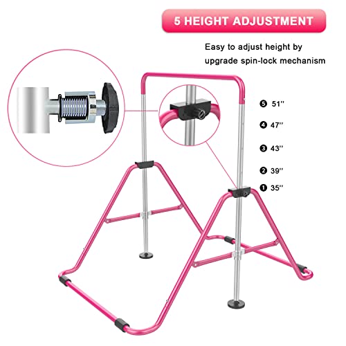 RINREA Gymnastic Bars for Kids, Adjustable Height Horizontal Bar for Home | 5-Height 35"-51", Foldable & Space-saving, Indoor Outdoor Training Kip Bar, with Gymnastics Rings & Gymnastics Pad - color: Pink