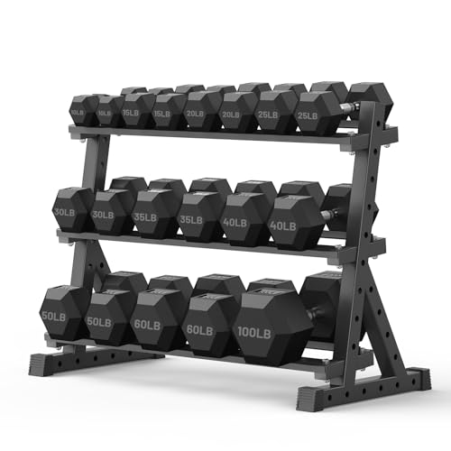 PAPABABE Dumbbell Set with Rack Dumbbells Rubber Encased Home Gym | PAPABABE Complete & Durable Cast Iron Core Odorless PVC Antiroll Hex Shape Ergonomic Chrome Handle Versatile Home Gym - size: 670LB with 3-Tier Weight Rack