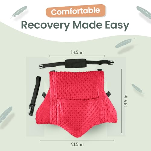 MOYOAMA Hysterectomy Pillow Post Surgery – Form-Fit Support Shield with Secure Straps, 2 Pockets, & Cozy Muff – After Hysterectomy Recovery Must-Haves, Post-Op C-Section Pillow Post Surgery Gifts - color: Bloom Red