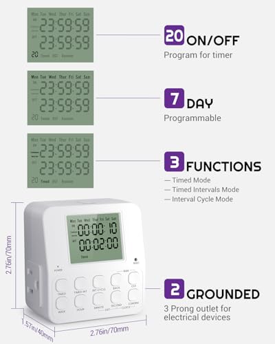 NEARPOW Digital Timer Outlet, 2 Pack Infinite Interval Repeat Cycle Timer Plug, Indoor Timed Interval Cycle Power Switch, 7 Day 24 Hour Daily Programmable Electrical Outlet with 20 ON/Off Programs - size: 2 Pack