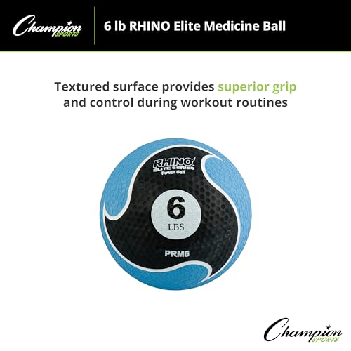 Champion Sports Rhino Elite Medicine Ball – Textured Surface, Superior Grip, Hollow Synthetic Rubber for Consistent Bounce & Durability, Multiple Weights & Colors - Optional Rebounder Sold Separately - style: 6 Pounds - Blue