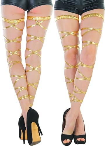 ToBeInStyle Women's Leg Wraps Ravewear Dancewear Elastic Straps Party Garter Music Festivals Costume Accessory Thigh High - color: Classic Gold (Longer), size: One Size